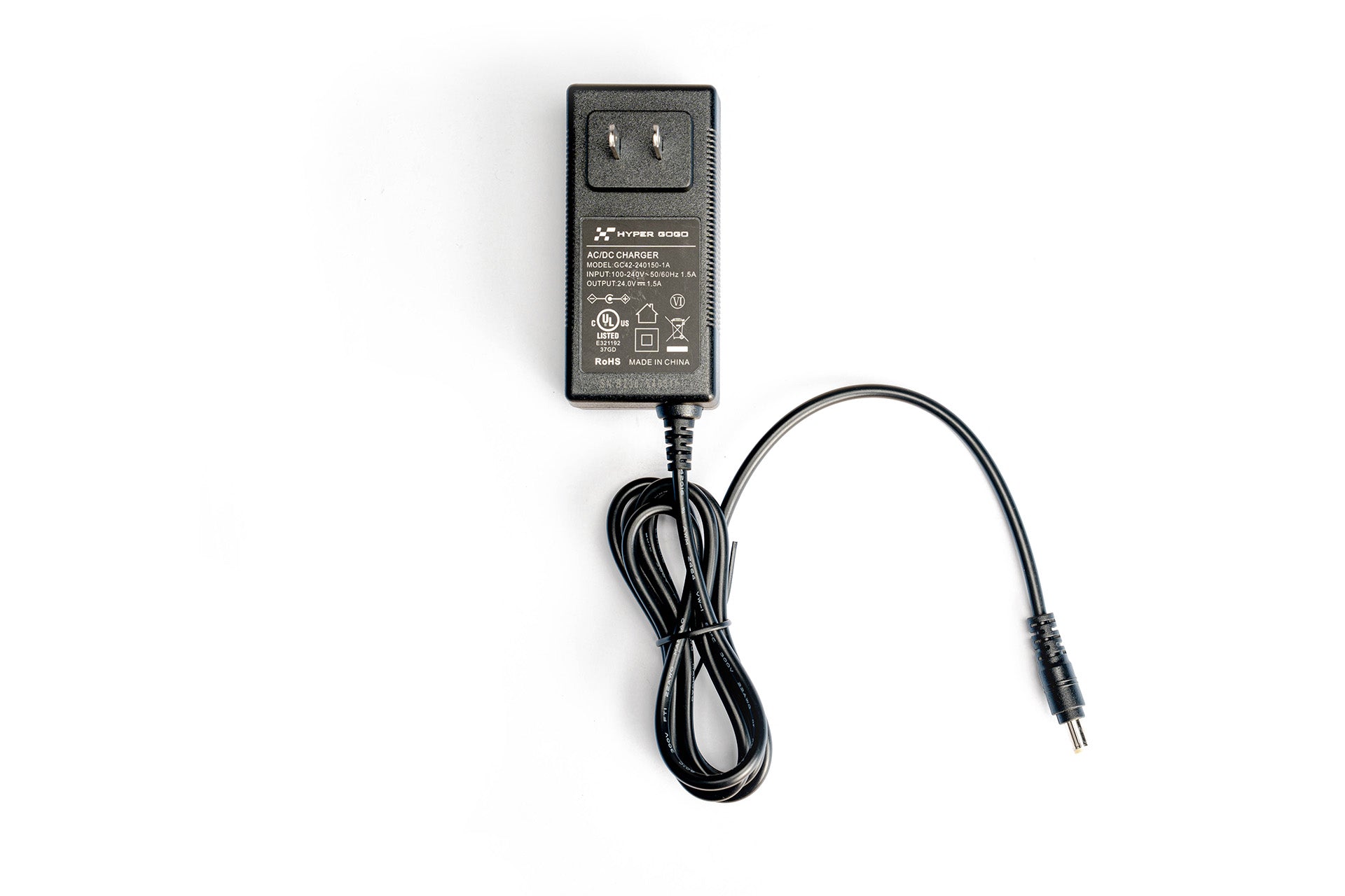 Official HYPERGOGO charger photograph showing the MODEL, INPUT, and OUTPUT label rows